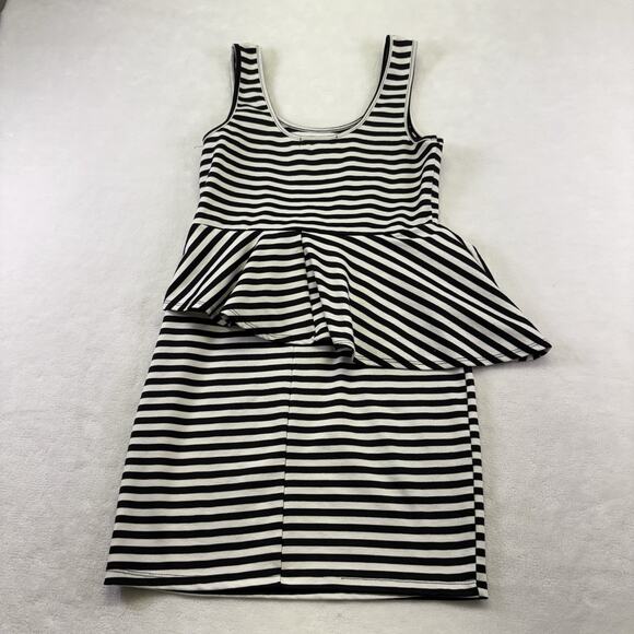 Living Doll Black White Striped Peplum Bodycon Sleeveless Mini Dress Size L - Picture 9 of 9